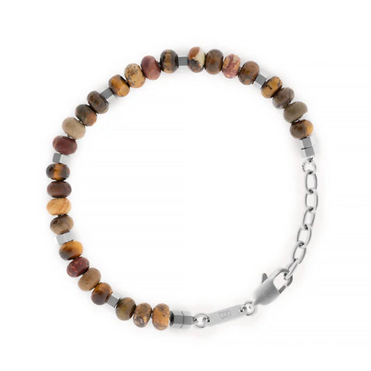 A bracelet beaded with natural stones and stainless steel, finished with an adjustable lobster clasp