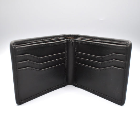 A faux leather bi-fold wallet with card holder slots and note pocket 