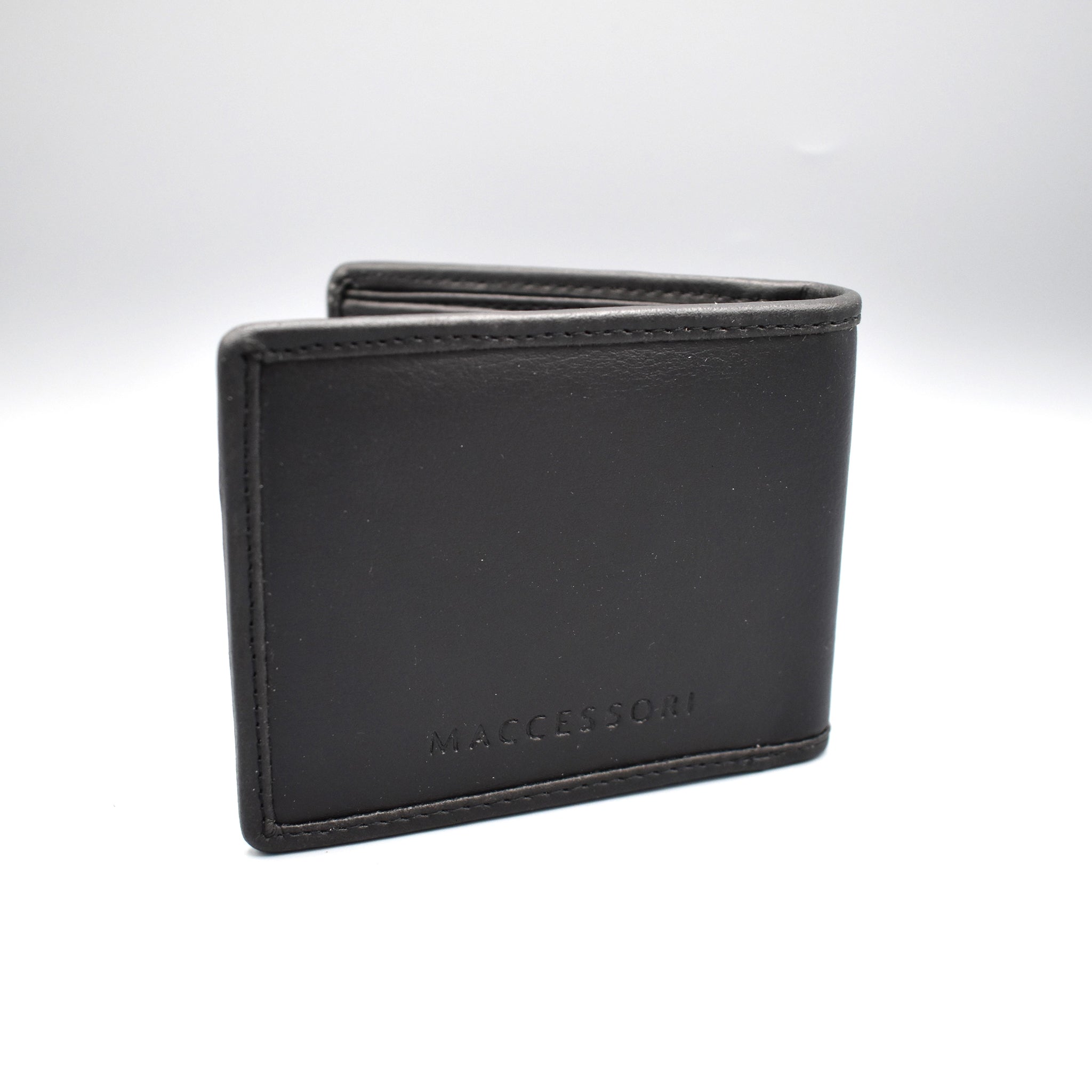Back of a faux black leather bi-fold wallet with MACCESSORI logo