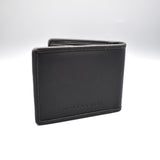 Back of a faux black leather bi-fold wallet with MACCESSORI logo