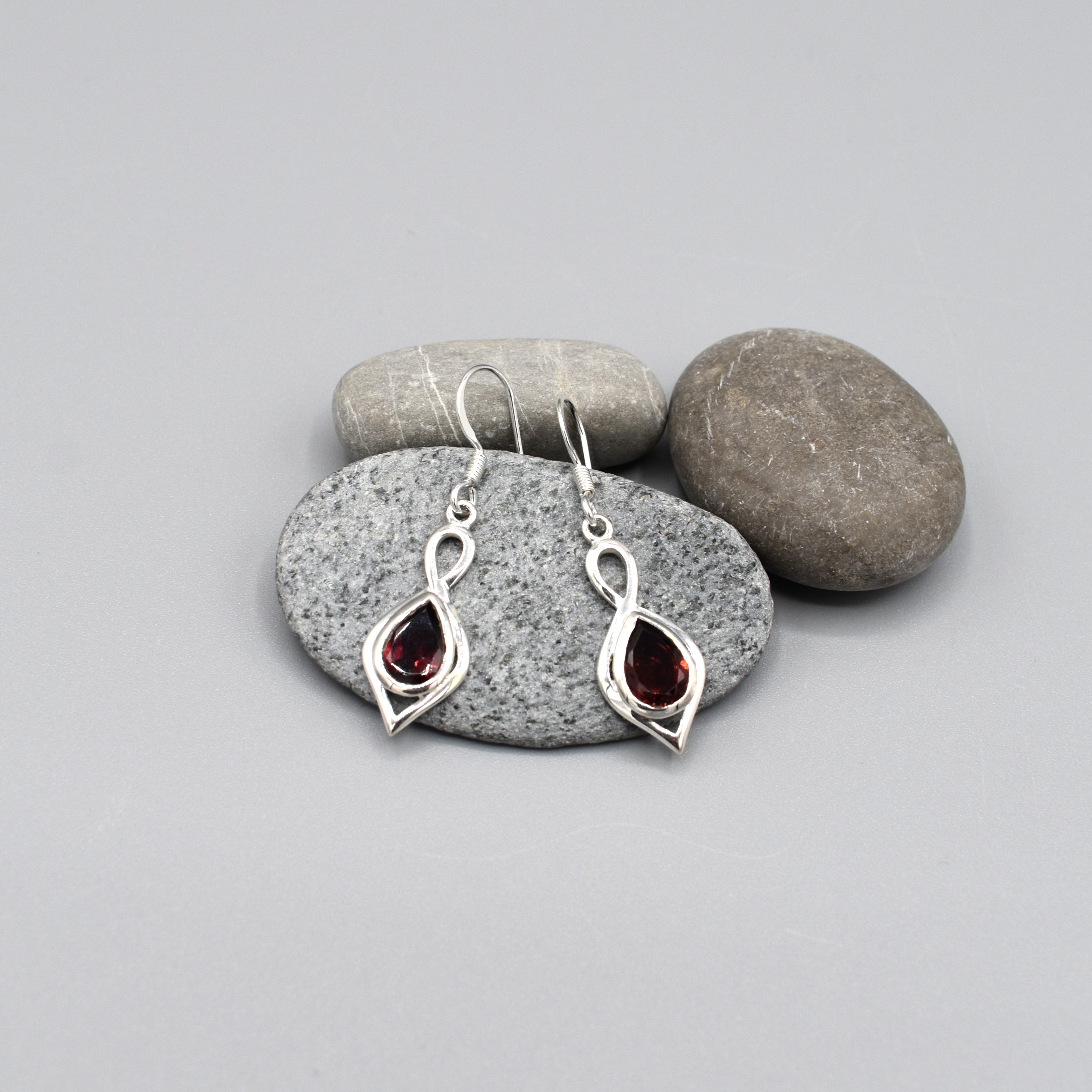 Silver & Garnet Dart Shaped Drop Earrings