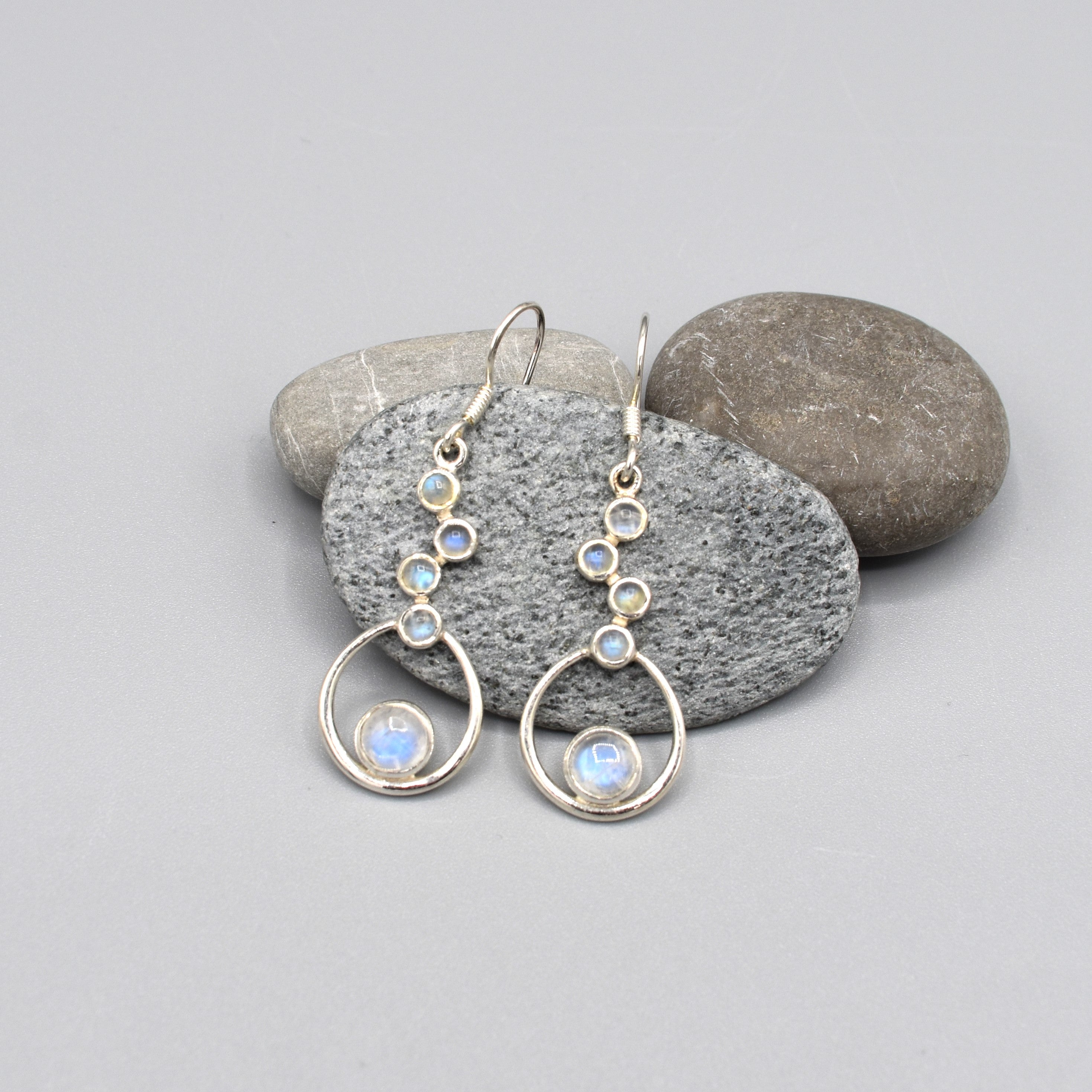 Staggered Round Moonstone Drop Earrings