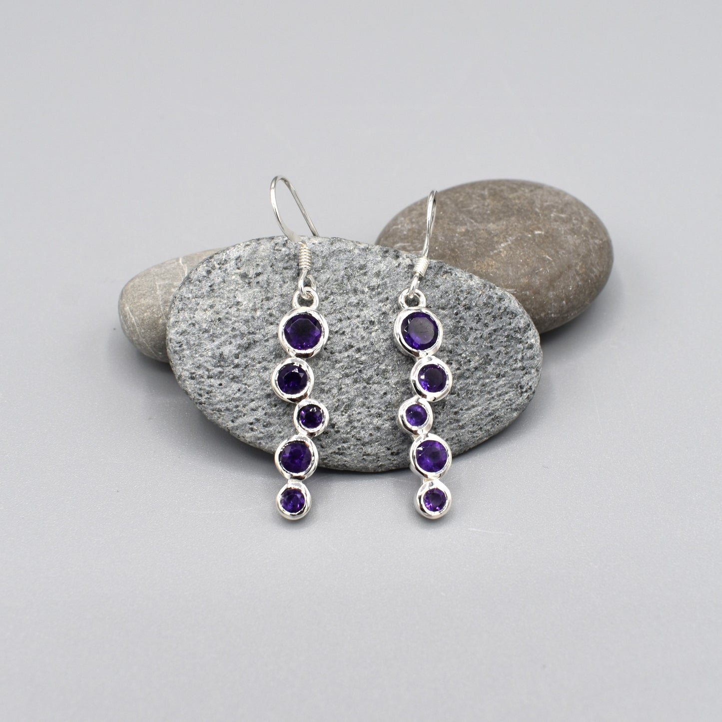 Staggered Round Amethysts Drop Earrings