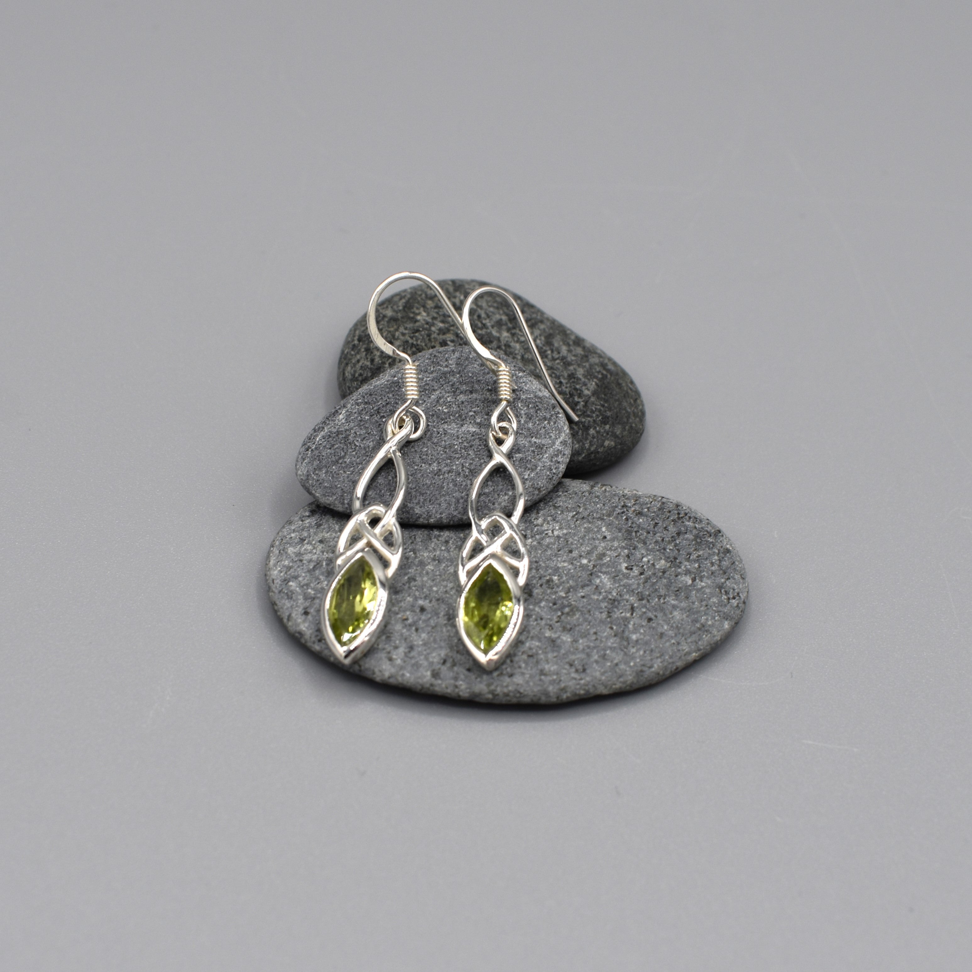 Silver Celtic Design Marquis Peridot Drop Earrings