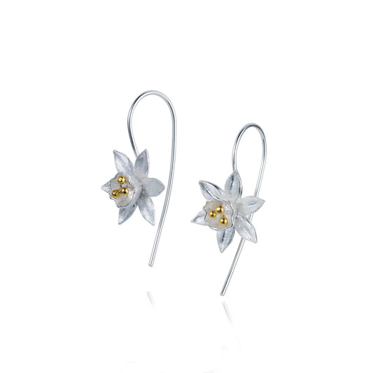Silver satin daffodil shaped hook earrings with gold stamen details and extra long silver hooks