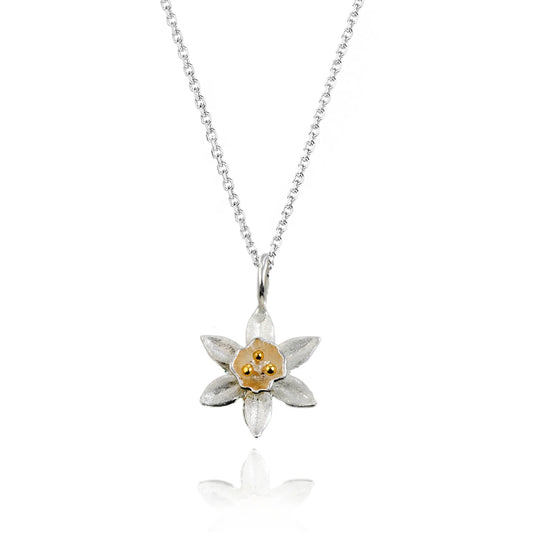 Silver satin daffodil shaped pendant with gold stamen details and silver chain