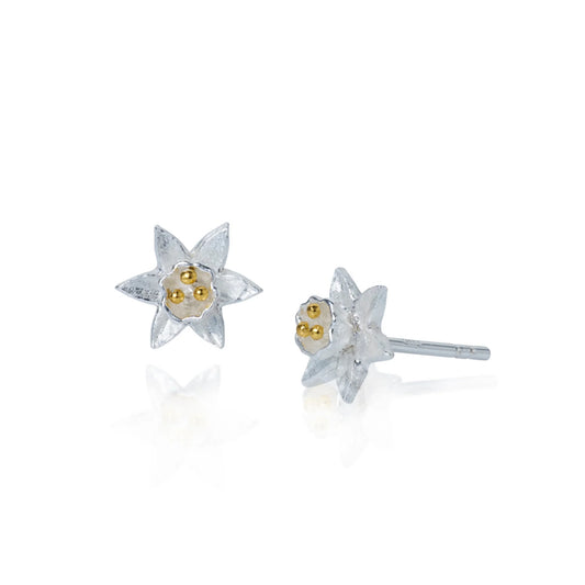 Silver satin daffodil shaped studs with gold stamen details