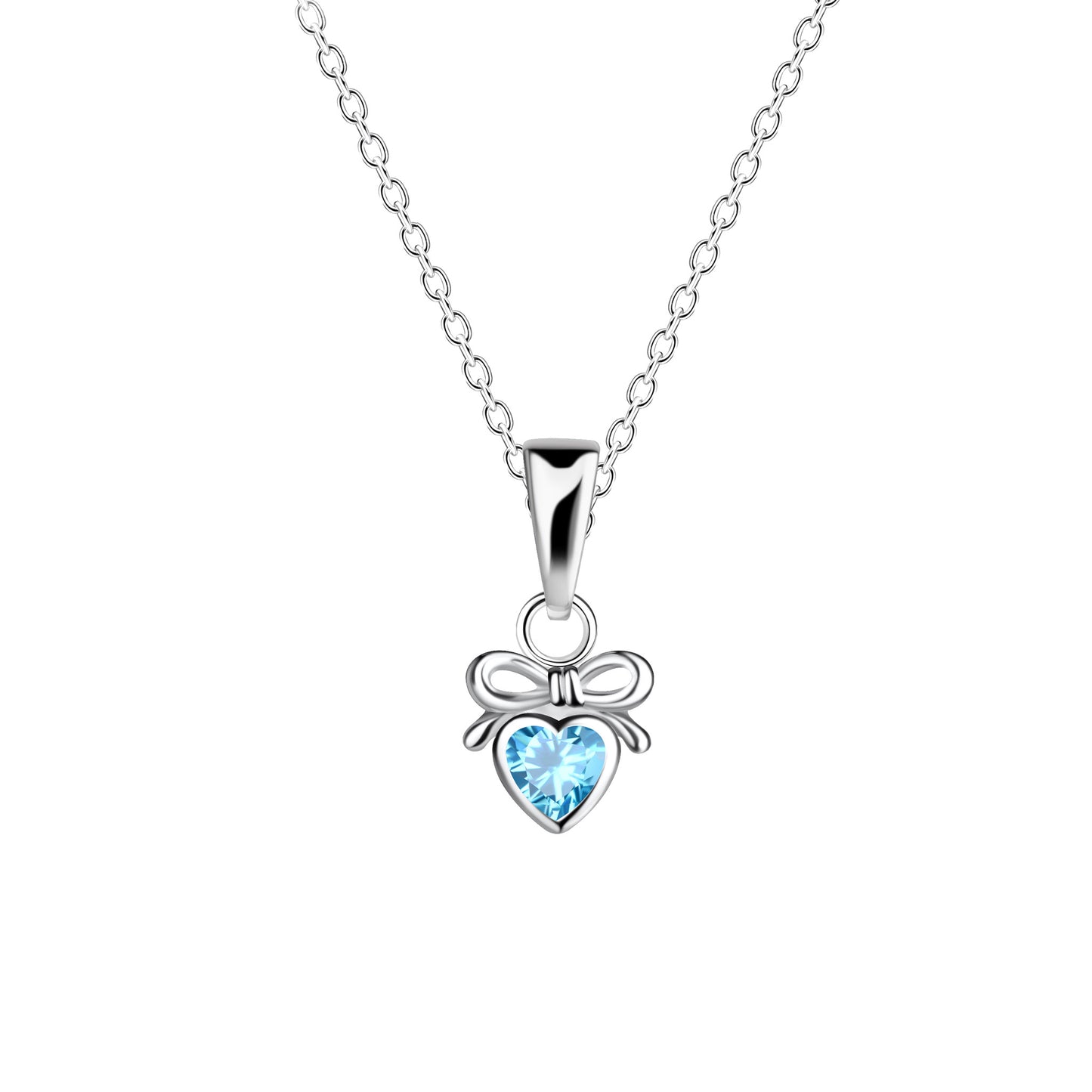 Silver heart shaped pendant with blue CZ stone and adorable bow design