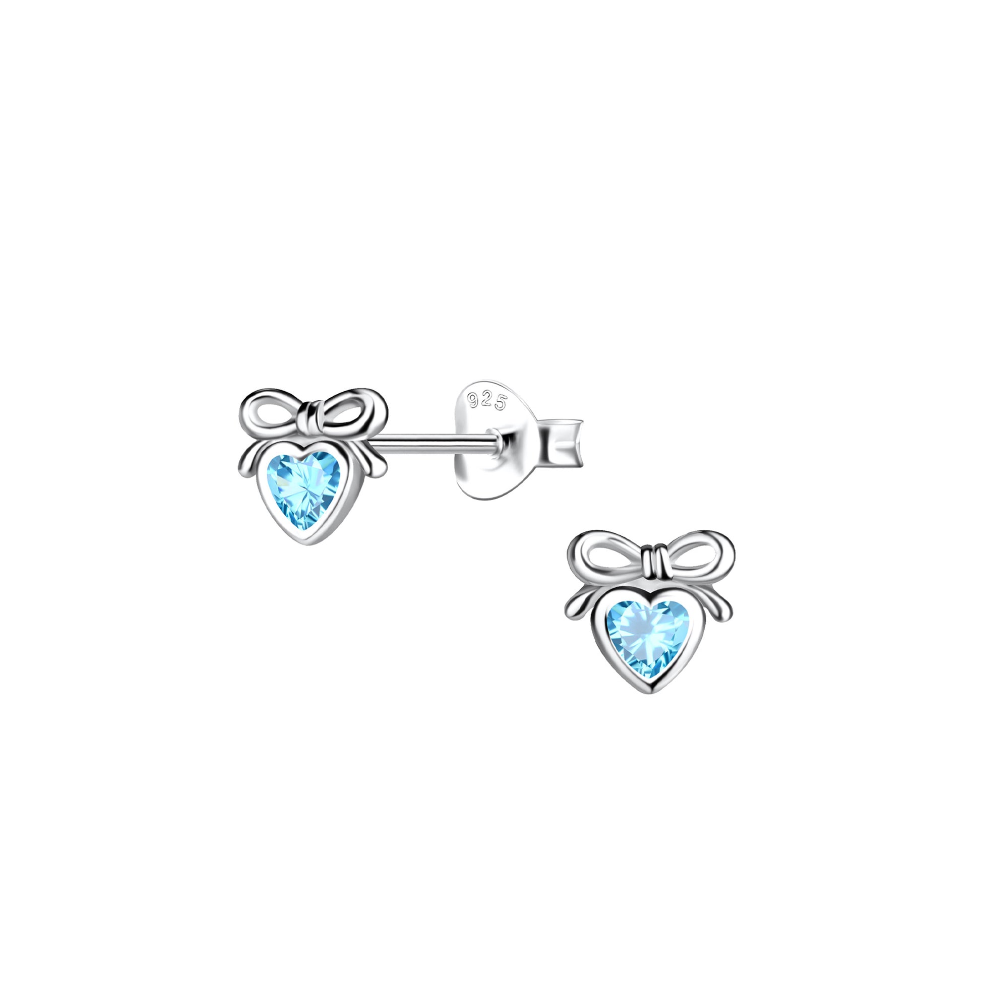 Silver heart shaped stud earrings with blue CZ stone and adorable bow design