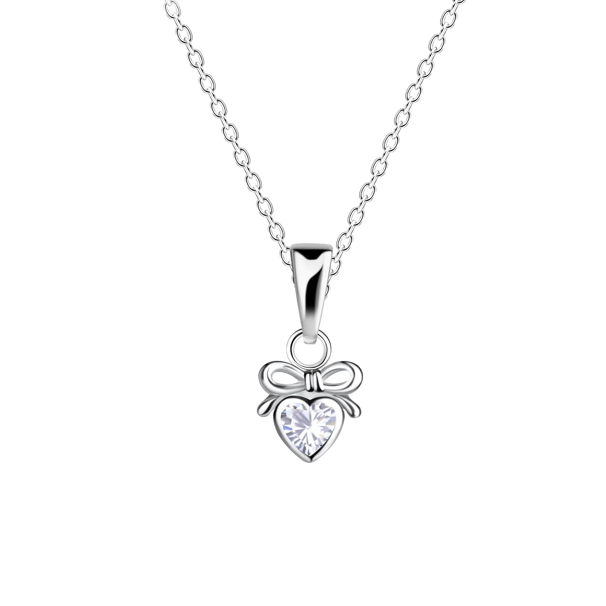 Silver heart shaped pendant with CZ stone and adorable bow design