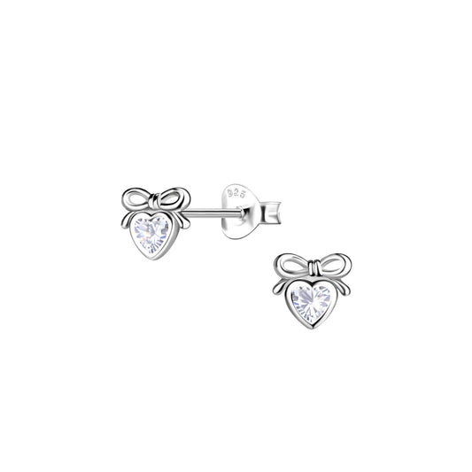 Silver heart shaped stud earrings with CZ stone and adorable bow design