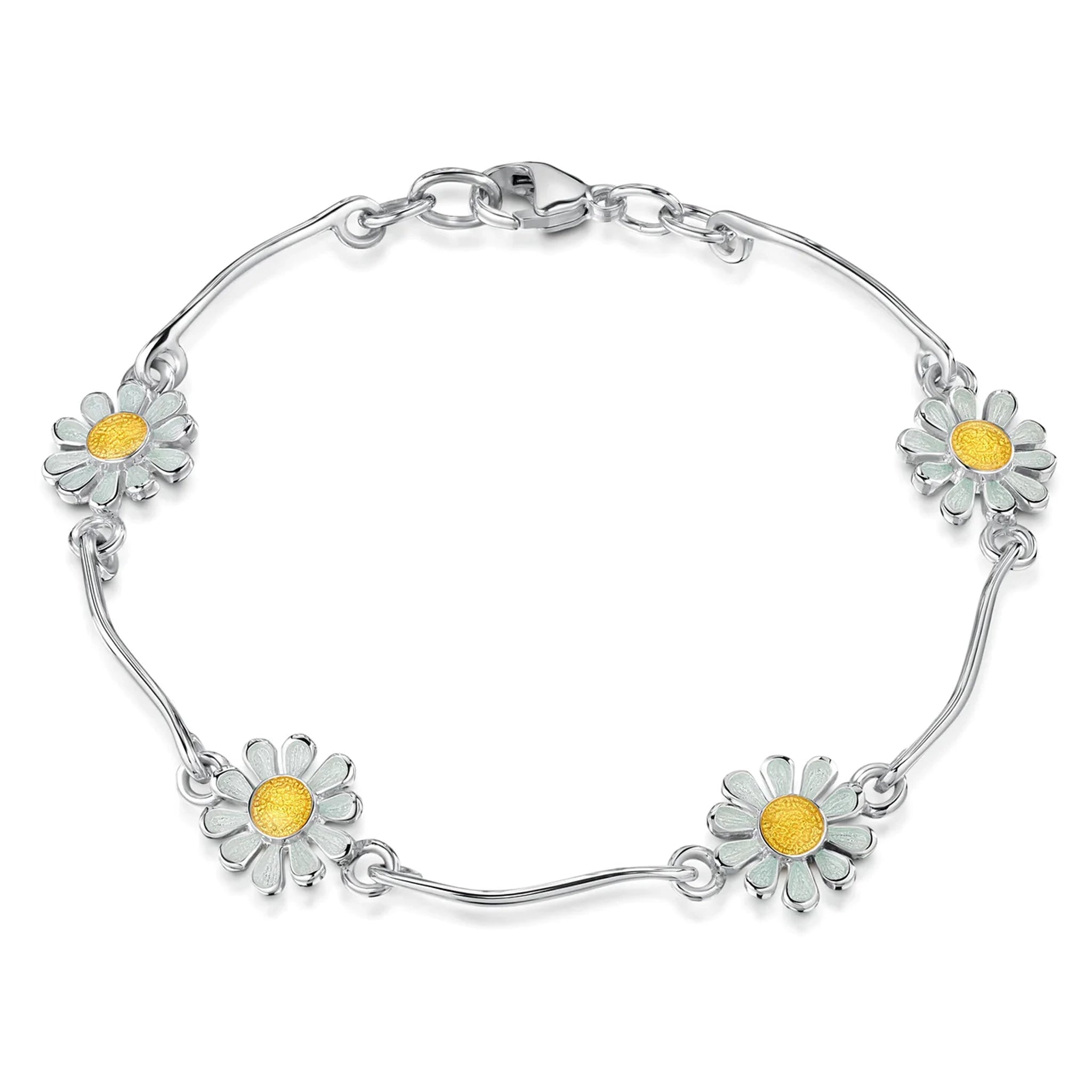 Polished silver bracelet with repeat silver bars and daisy pendants in white and yellow enamel