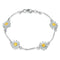 Polished silver bracelet with repeat silver bars and daisy pendants in white and yellow enamel