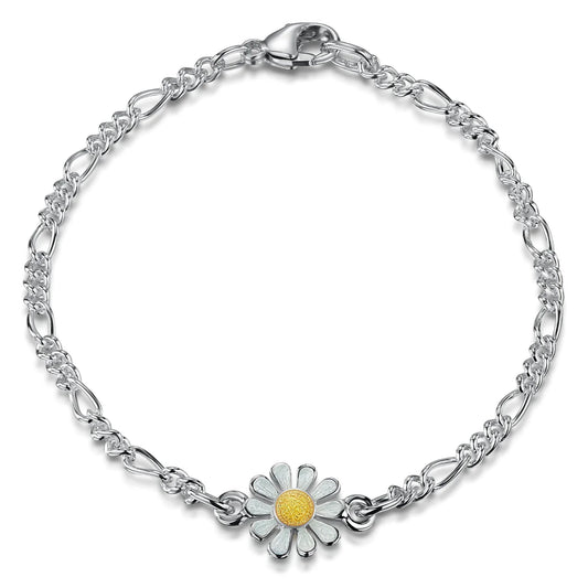 Polished silver chain bracelet with daisy pendant in white and yellow enamel