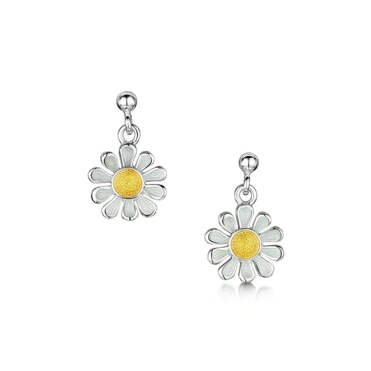 Polished silver daisy drop earrings with yellow and white enamel on silver stud posts