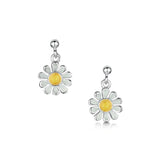 Polished silver daisy drop earrings with yellow and white enamel on silver stud posts
