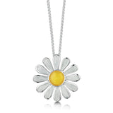 Polished silver large daisy pendant in yellow and white enamel with a silver chain