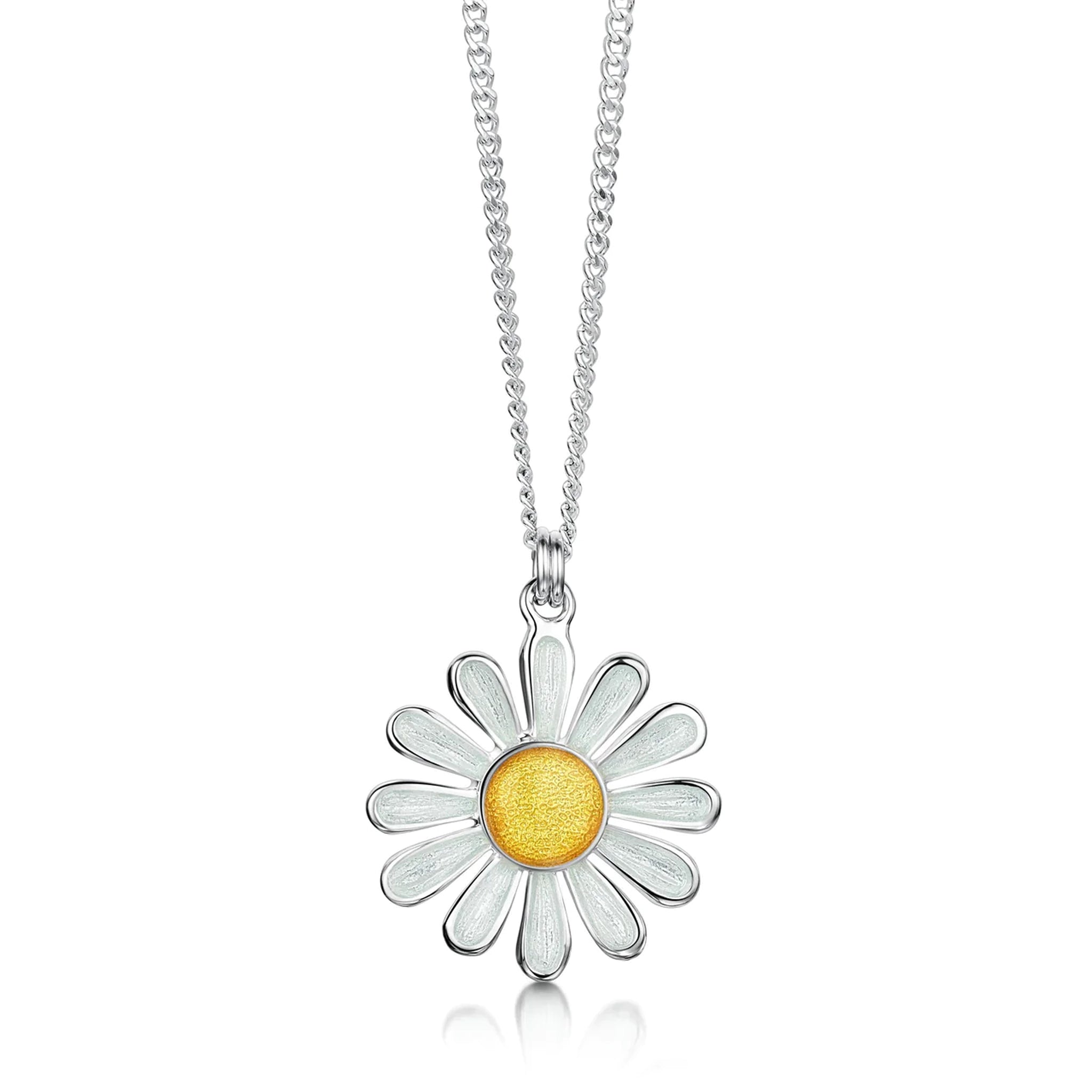 Polished silver daisy pendant in yellow and white enamel with a silver chain