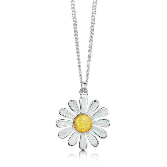 Polished silver daisy pendant in yellow and white enamel with a silver chain