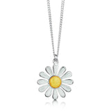 Polished silver daisy pendant in yellow and white enamel with a silver chain