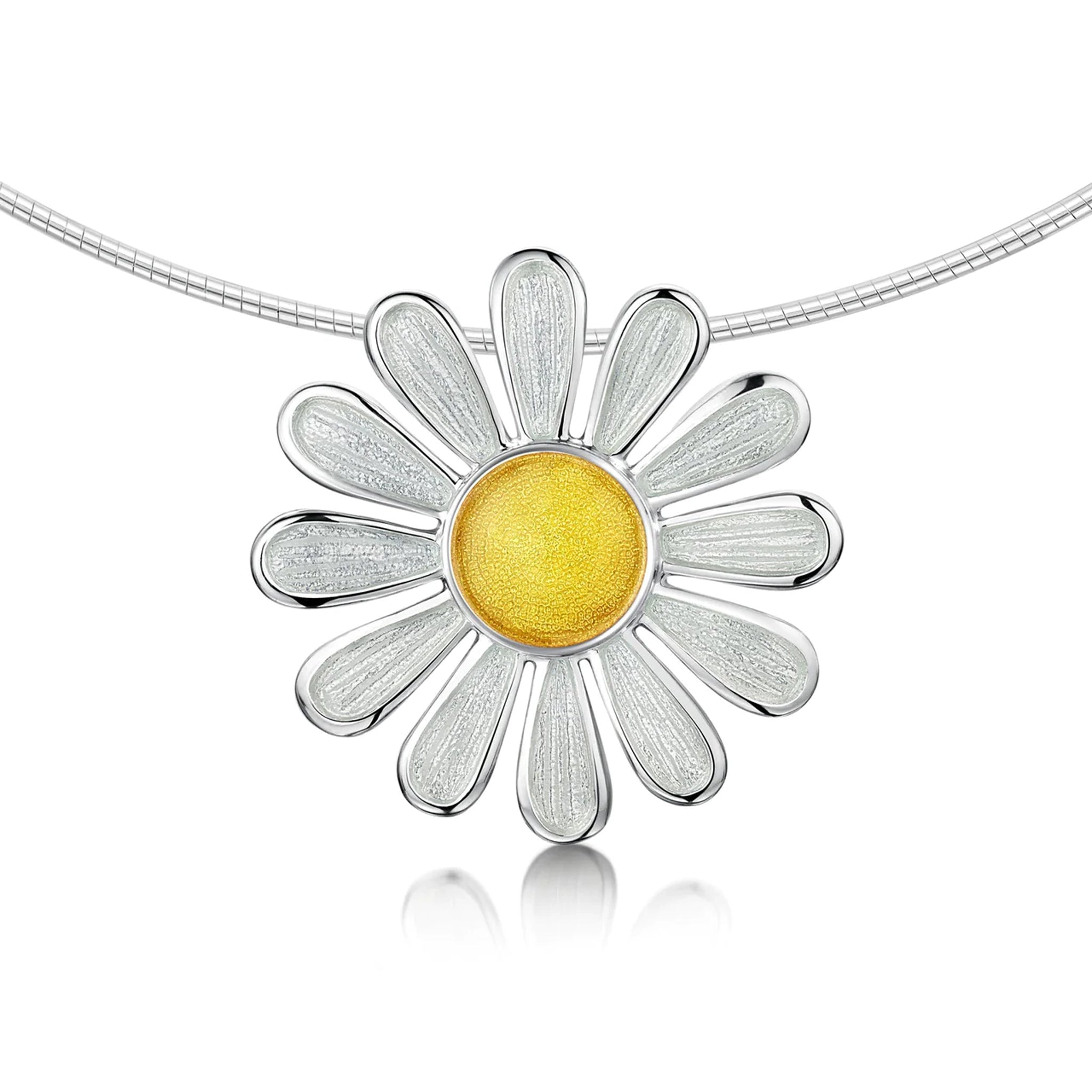 Polished silver daisy necklet in white and yellow enamel on a silver neck wire