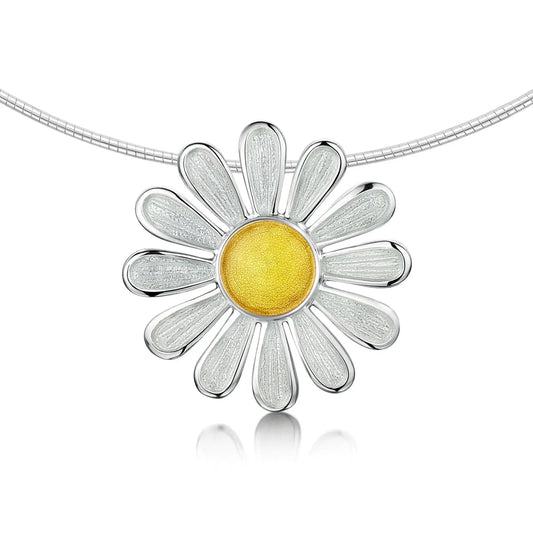 Polished silver daisy necklet in white and yellow enamel on a silver neck wire