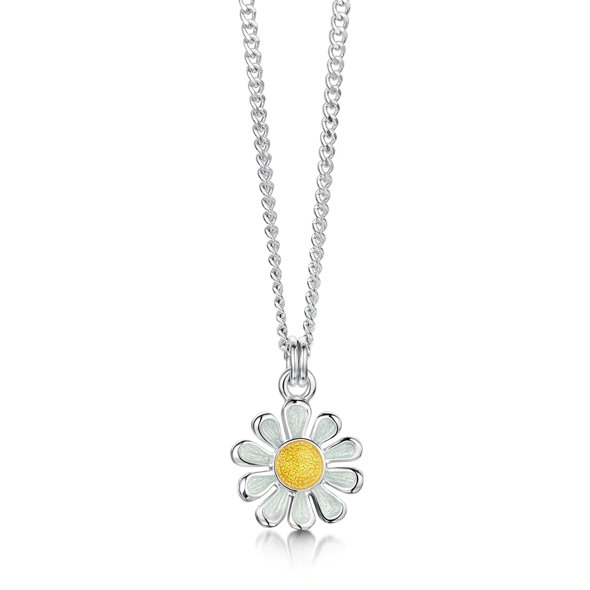 Polished silver small daisy pendant in yellow and white enamel