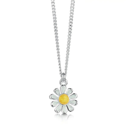 Polished silver small daisy pendant in yellow and white enamel