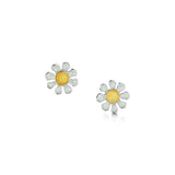 Polished silver daisy stud earrings with yellow and white enamel