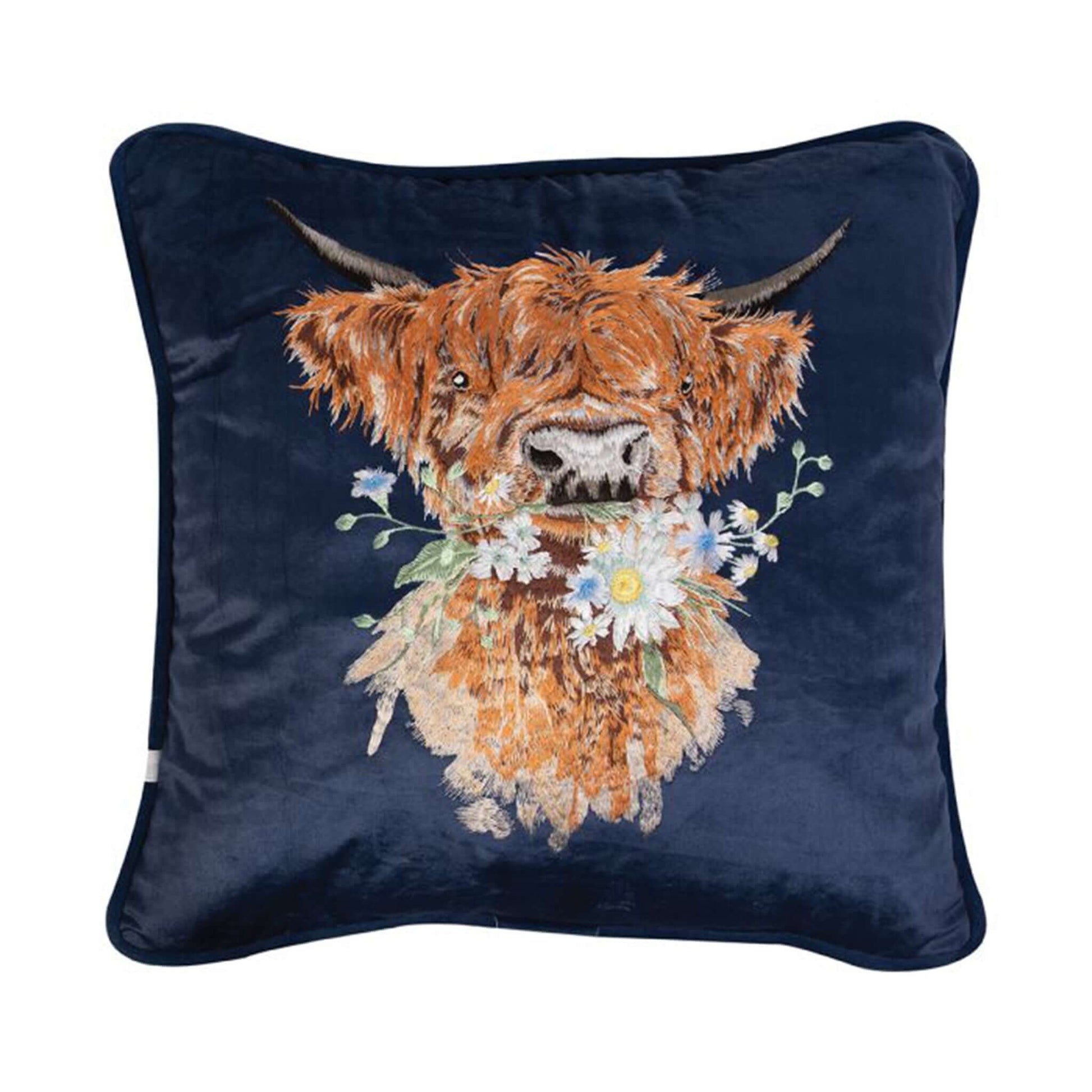 Navy faux suede cushion with embroidered Highland cow design