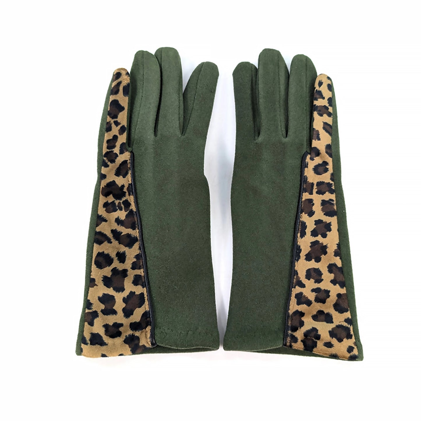 Faux suede gloves with a half and half colour of dark green and leopard print