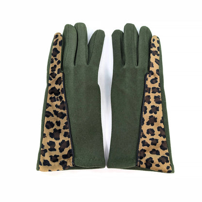 Faux suede gloves with a half and half colour of dark green and leopard print