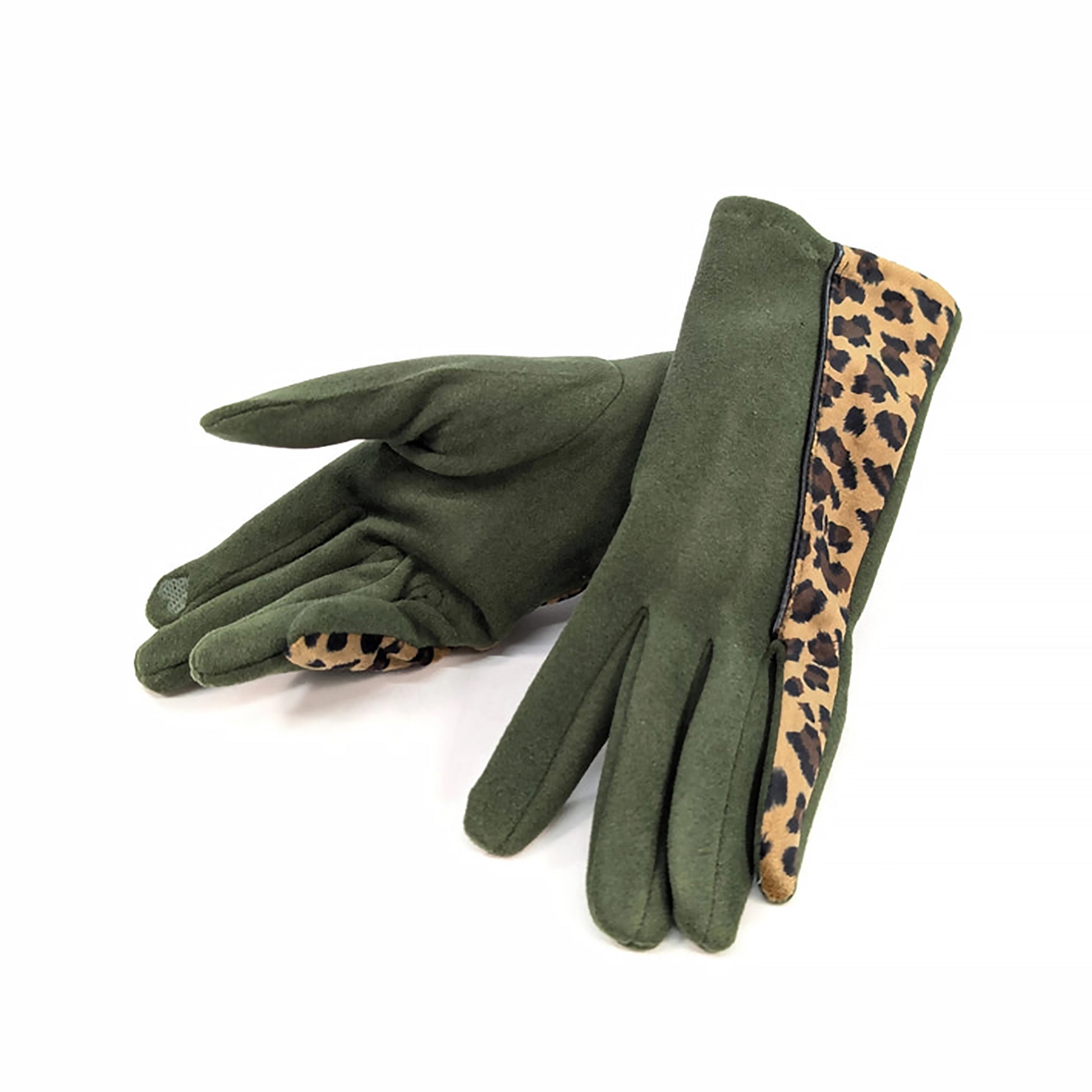 Faux suede gloves with a half and half colour of dark green and leopard print with heart shaped embroidered touch screen finger