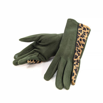 Faux suede gloves with a half and half colour of dark green and leopard print with heart shaped embroidered touch screen finger