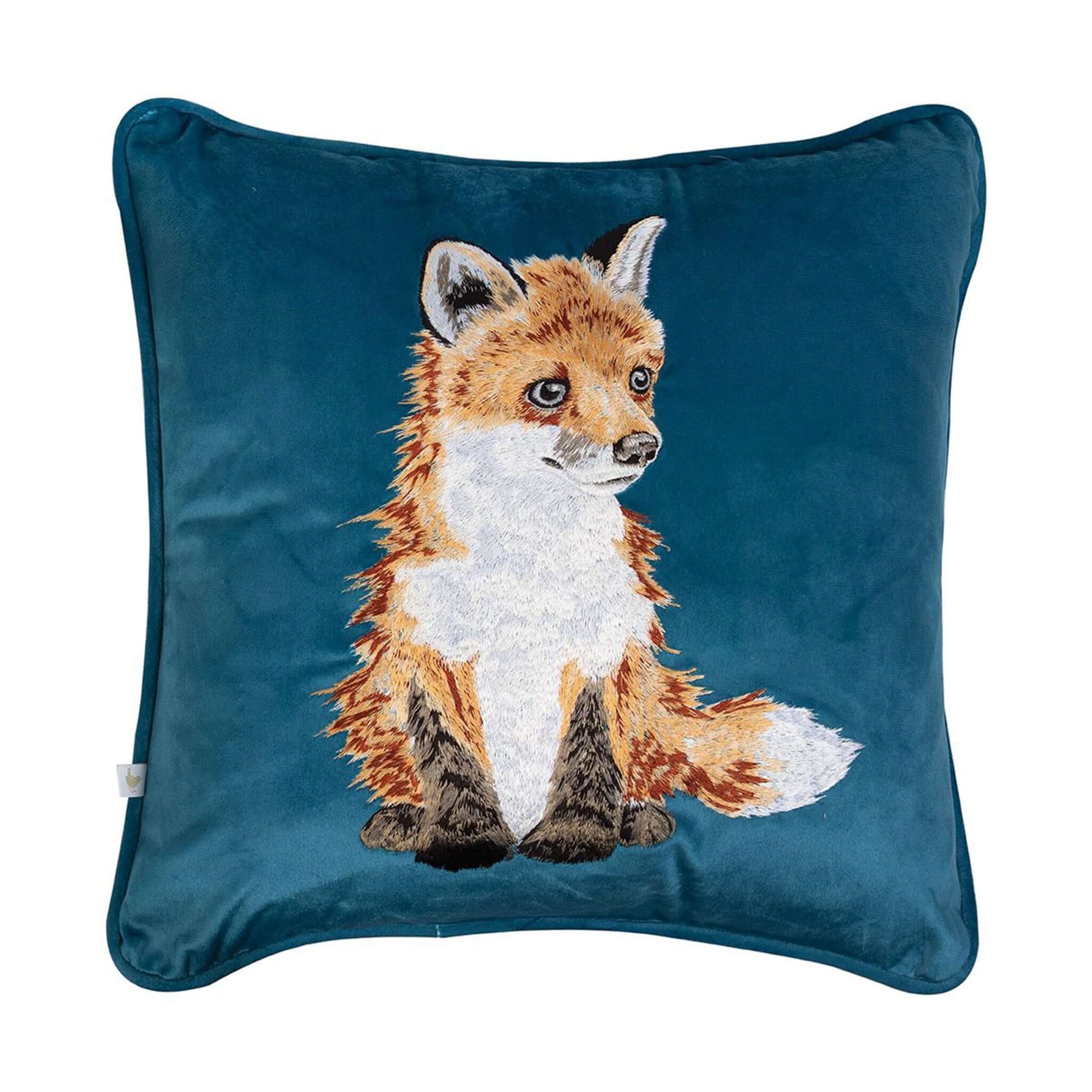 Blue faux suede cushion with embroidered fox design