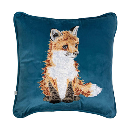 Blue faux suede cushion with embroidered fox design