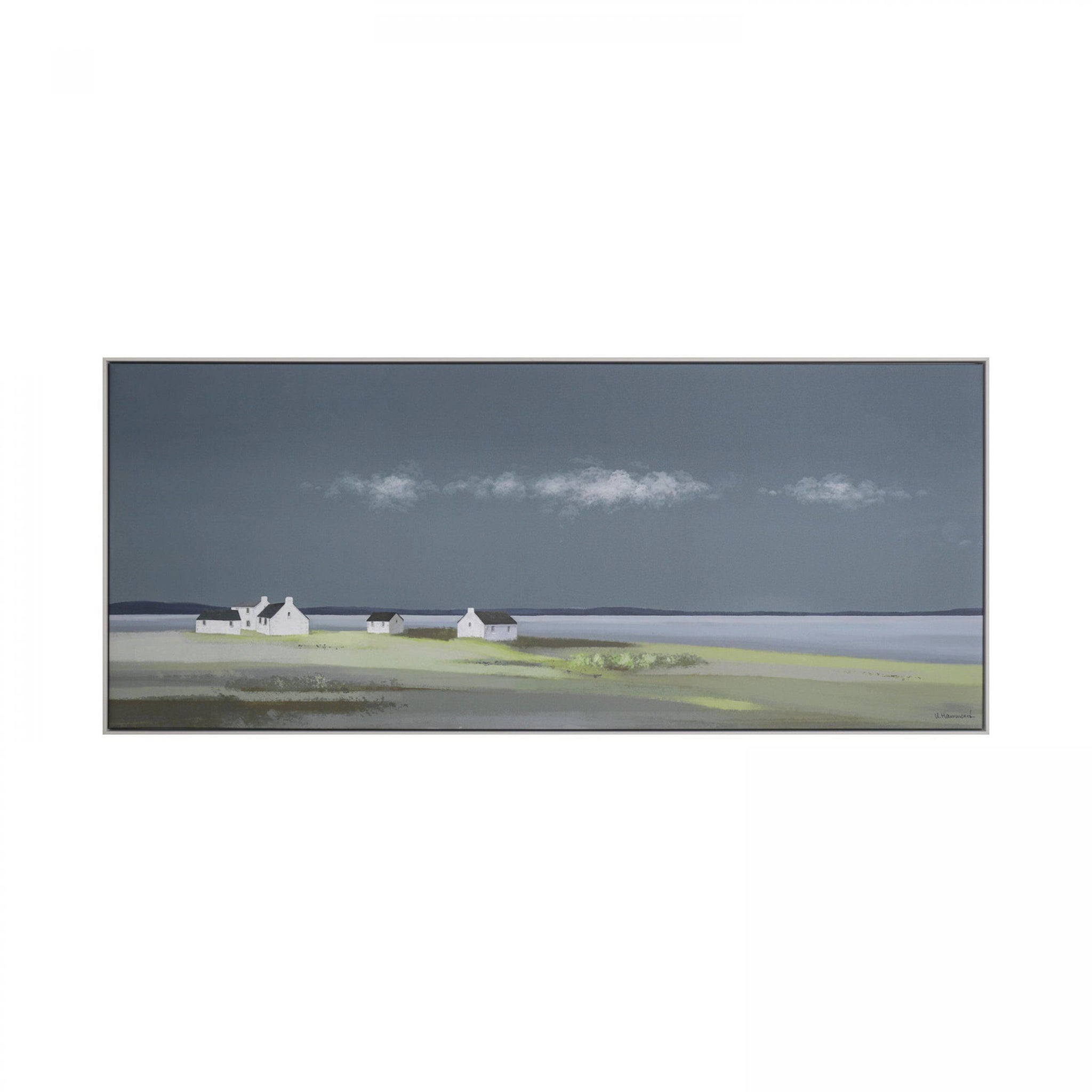 Long framed print of a coastal scene in greens and blues with three white cottages on the horizon.