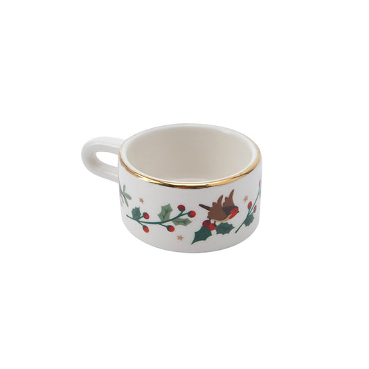 Small white mug shaped tealight holder with gold leaf rim and a robin and holly design