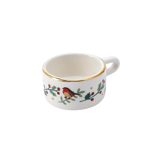 Small white mug shaped tealight holder with gold leaf rim and a robin and holly design second view