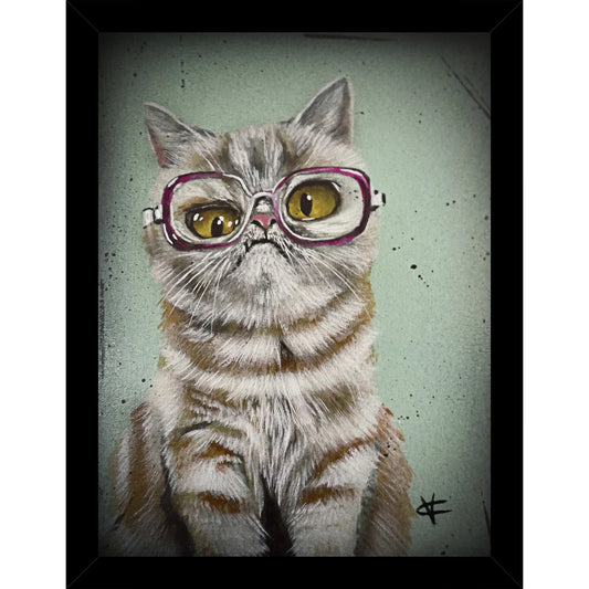A rectangular framed print featuring a stripey cat wearing large pink glasses