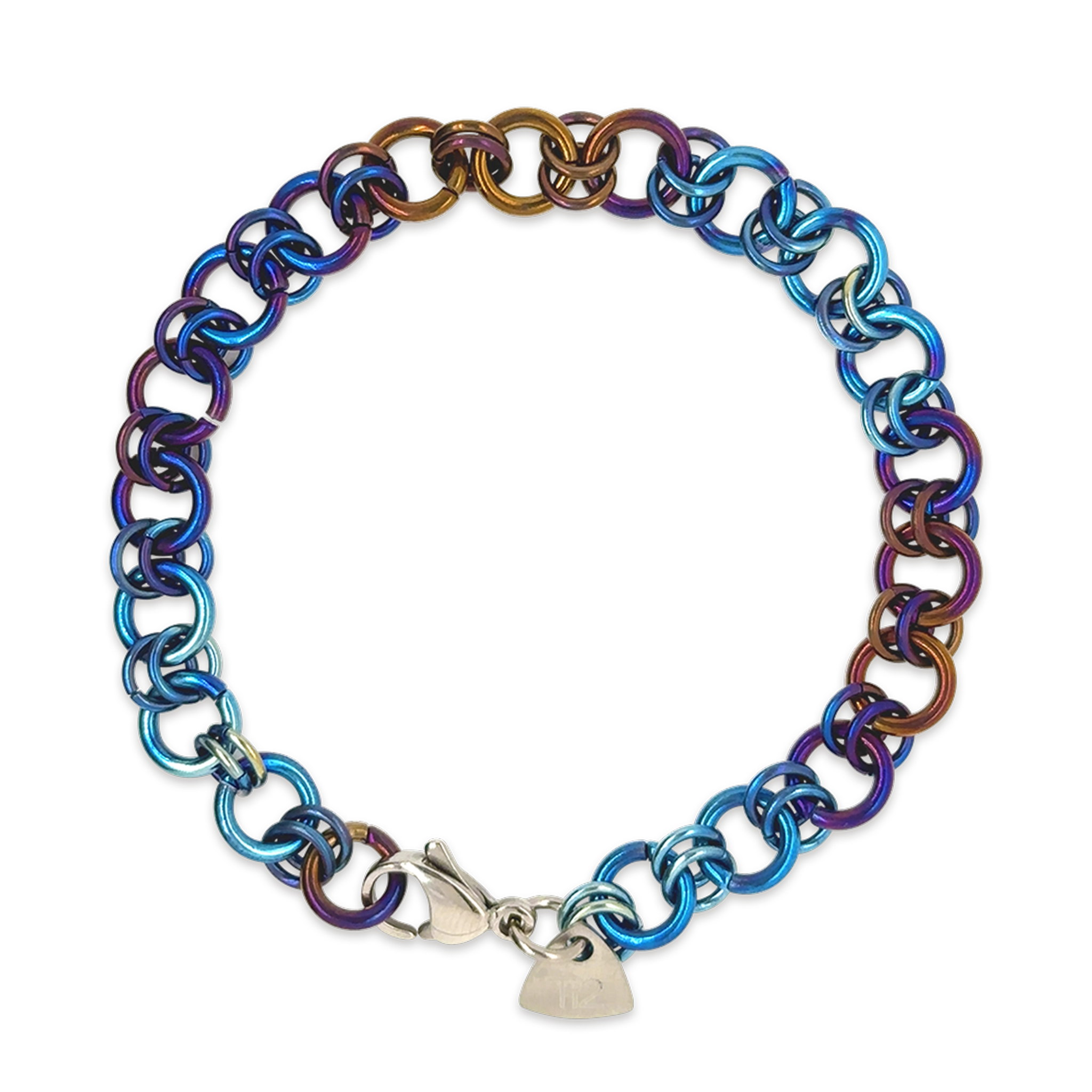 A chainmail link titanium bracelet in blue and copper tones