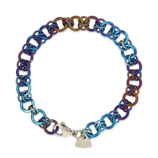 A chainmail link titanium bracelet in blue and copper tones