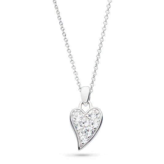 A simple silver pendant on a chain in the shape of a heart set with pavé CZ stones