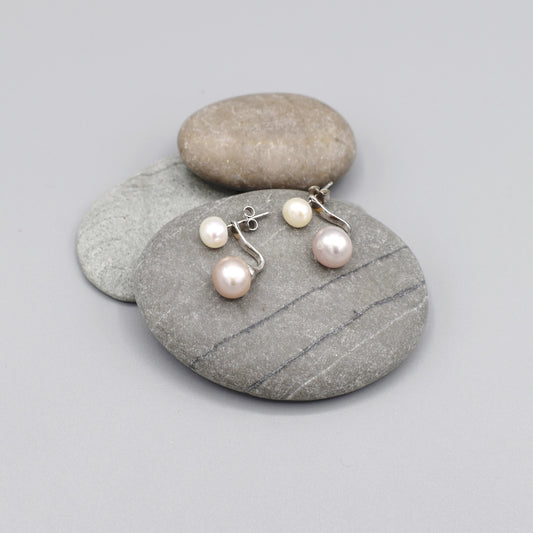Stud earrings with round white pearls and detachable  large pink pearls