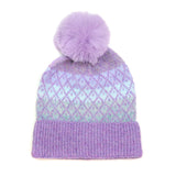 A lilac and blue knitted hat with fluffy purple pompom and lilac diamond pattern