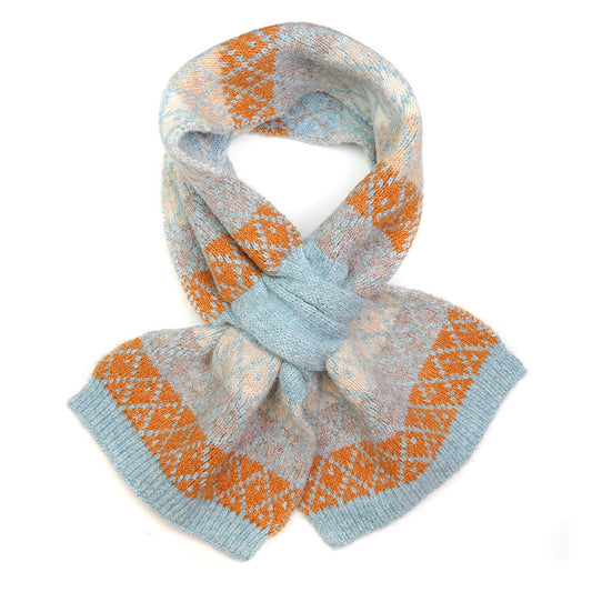 A pull through scarf with layered stripe and diamond pattern in orange, blue and natural tones