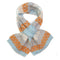 A pull through scarf with layered stripe and diamond pattern in orange, blue and natural tones