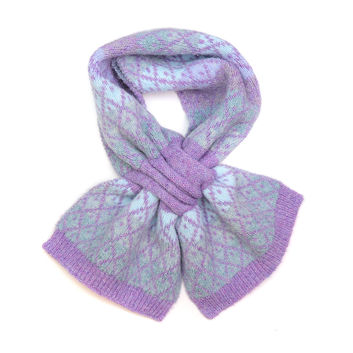 A blue striped scarf with lilac diamond pattern 