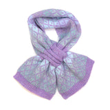 A blue striped scarf with lilac diamond pattern 