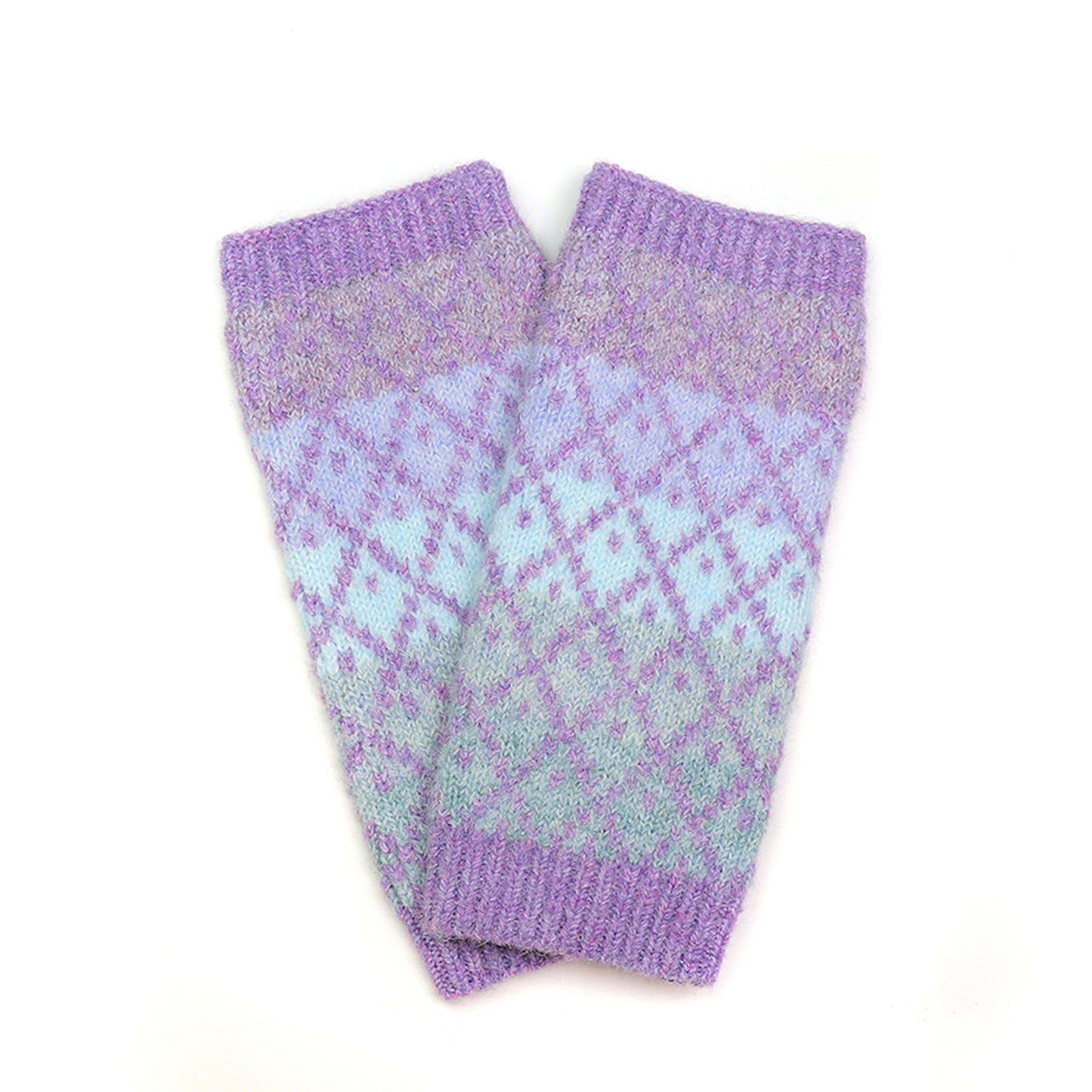 A pair of wrist warmers with blue and purple stipes overlayed with a diamond pattern